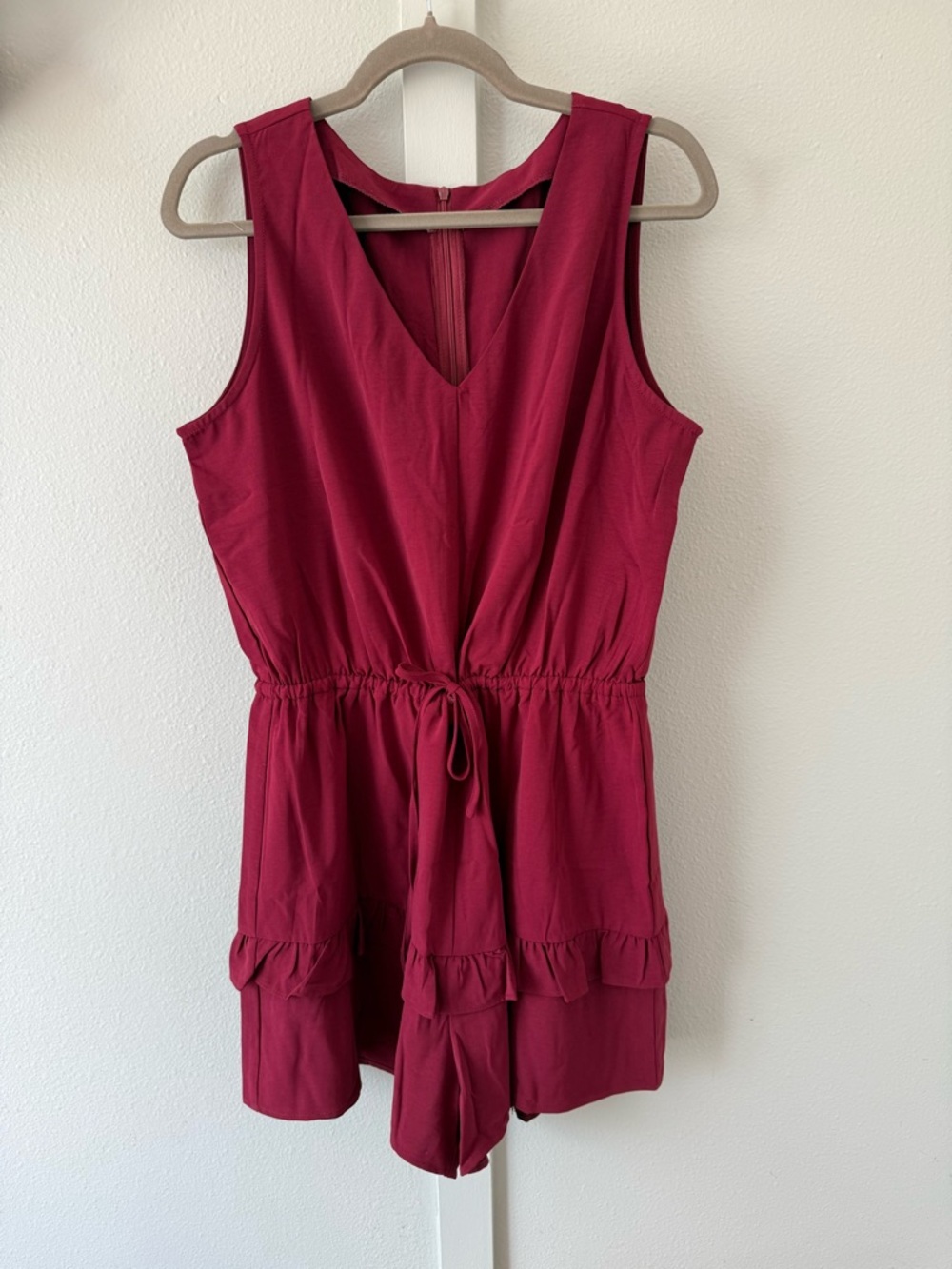 Amazon Sleeveless V-Neck Romper in Deep Berry Red